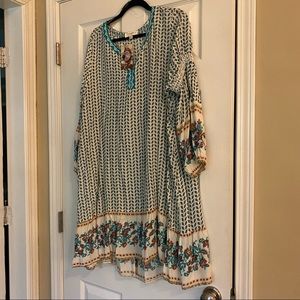 Umgee Cream Tunic Dress with Teal and Multicolor Floral Trim